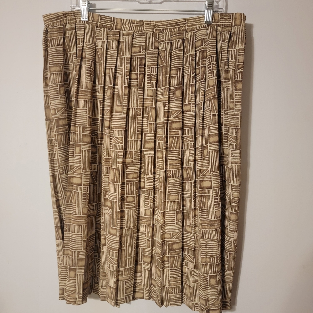 💚Vintage‎ Leslie Fay Pleated Midi Tan Grid Print Skirt Women's Size 14P